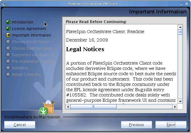 VM Client Installation Wizard - Important Information Page