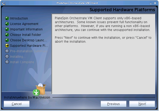 VM Client Installation Wizard - Supported Hardware Platforms Page