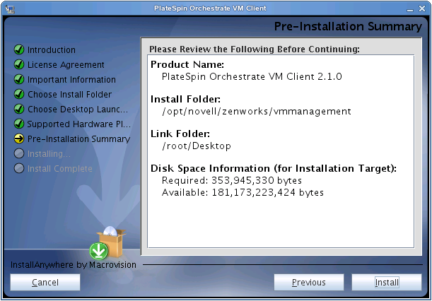 VM Client Installation Wizard - Pre-Installation Summary Page