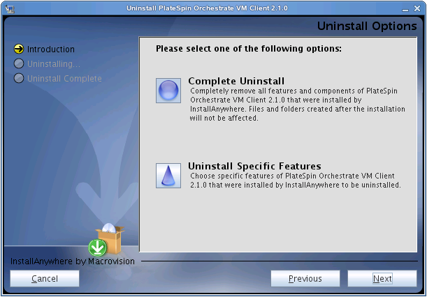 VM Client Uninstallation Wizard - Uninstall Options Page