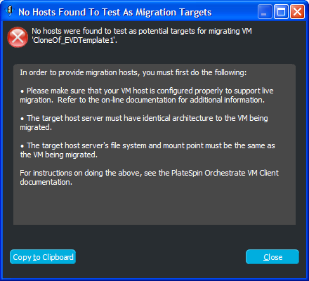 No Hosts Found to Test As Migration Targets Dialog Box