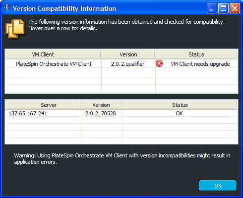 Version Compatibility Information Dialog Box
