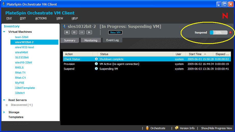 VM Client Window Showing the Progress Bar in the Upper Right