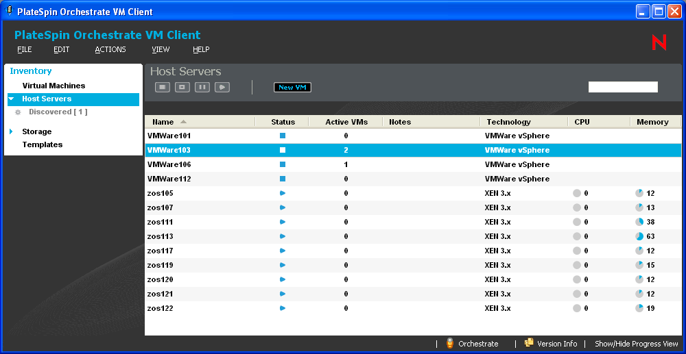 VM Client Window with Host Server Selected