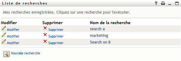 Liste de recherches enregistrées sur la page Liste de recherches