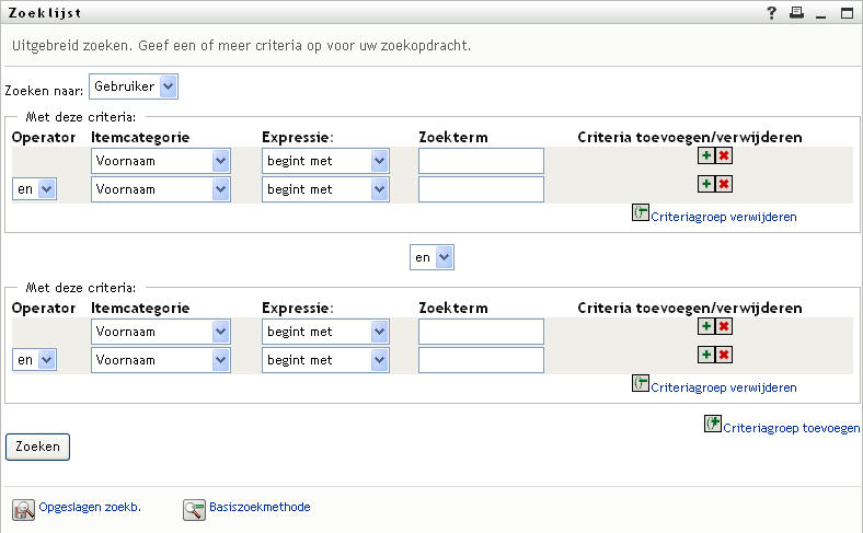 Een uitgebreide zoekbewerking op de pagina Zoeklijst